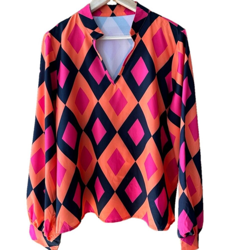 Abstract Diamond Print Blouse Geometric Long Sleeve Black Orange Pink - XL